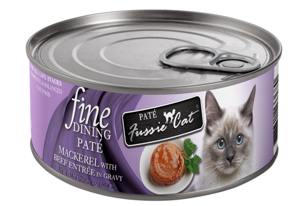 Fussie Cat Fine Dining - Pate - Mackerel with Beef Entree in Gravy Canned Cat Food (2.82 oz (80g) Can)