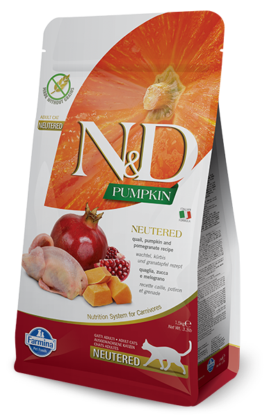 Farmina Prime N&D Natural & Delicious Grain Free Pumpkin, Quail, & Pomegranate Neutered Adult Dry Cat Food